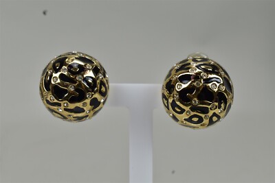 CINER Clip on Earrings Gold Tone Black Enamel Leopard Print & Crystals