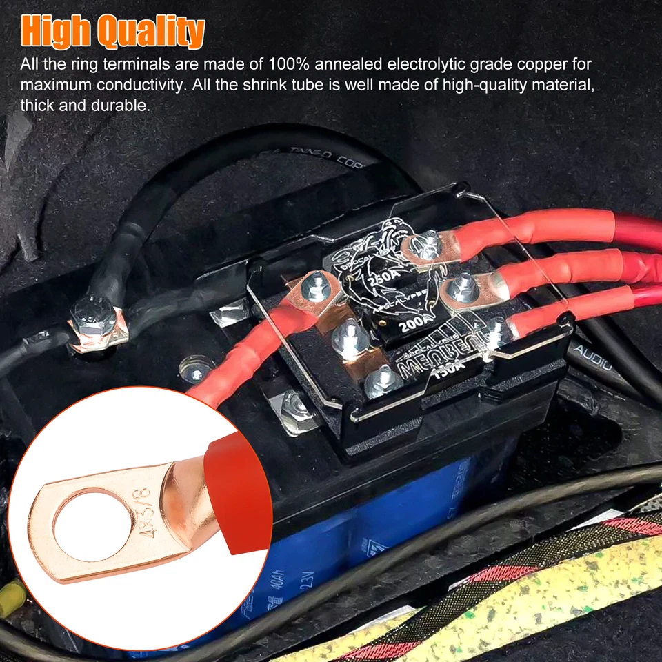 20pcs 4 AWG Gauge Copper Lugs w/ BLACK & RED Heat Shrink End Ring Terminals Wire - Image 2 of 4