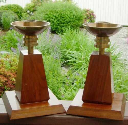 Deco Wood Brass Candle Holders Pair Treen FREE SHIPPING Heavy Unusual Pair - Picture 1 of 7