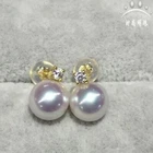 AAAAA+ 8-9mm Real natural AKOYA White round pearl diamond earrings 18K Gold