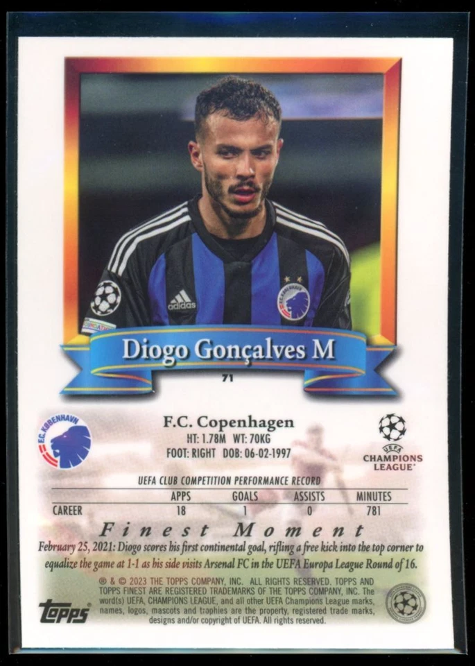 2022 Topps Finest Flashbacks UEFA Diogo Goncalves F.C. Copenhagen #71 - Image 2 of 2