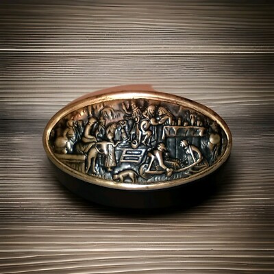 Antique Oval Brass ''Pill'' Box W/ ''Rennaisance'' Story Design 2.25''-1.25''-.75''