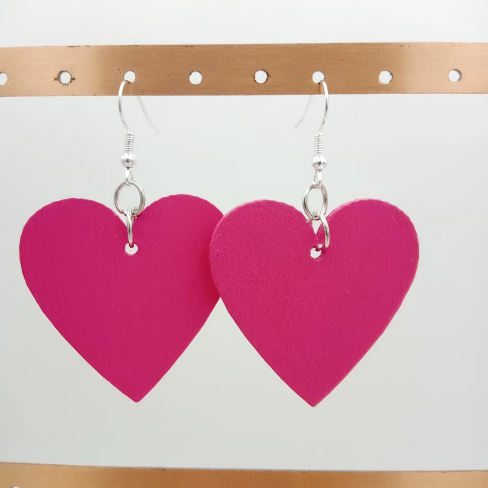 Big Heart Earrings  80s Love Bright pink lightweight Wood Large 5 cm wide boho - Image 3 of 4