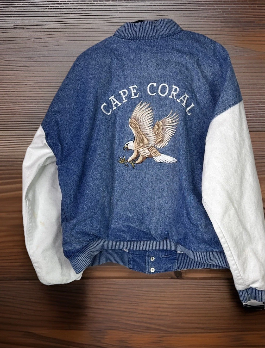 Y2K Mens Denim Varsity Bomber Jacket USA Trucker XL Sports Embroidered Eagle