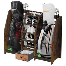Golf Bag Storage Organizer for Garage, Premium Wooden 2 Golf Bags Rack with D...