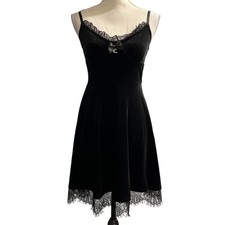 Black Velvet Dress Babydoll Lace Trim Mini Size M Celestial Witchy Whimsigoth