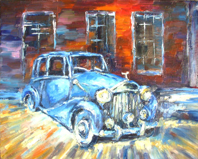 Blaues Auto Original Ölgemälde Landschaft Innenraum Wandbild Leinwand 16x20 cm