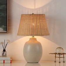 Cream Ceramic Table Lamp with Rattan Shade, 18 Inches