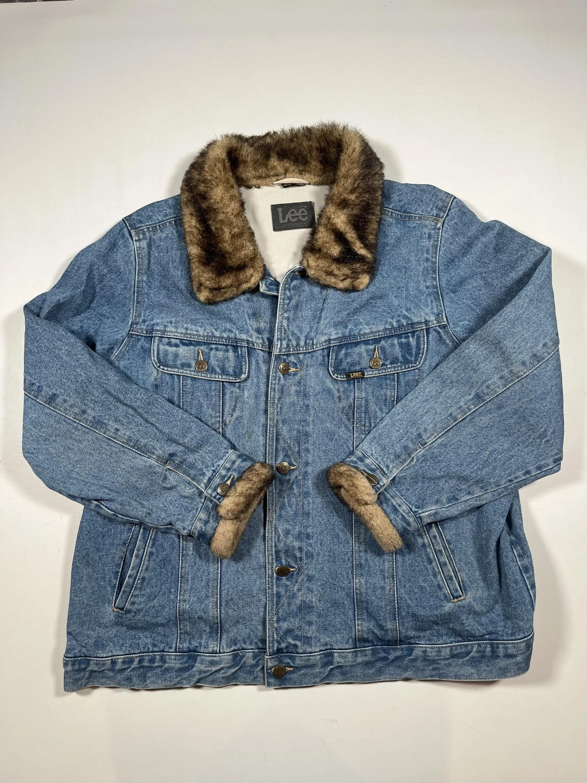 Vintage Lee Jacket Mens Blue Denim Faux Fur Collar Made Hong Kong 90s Read