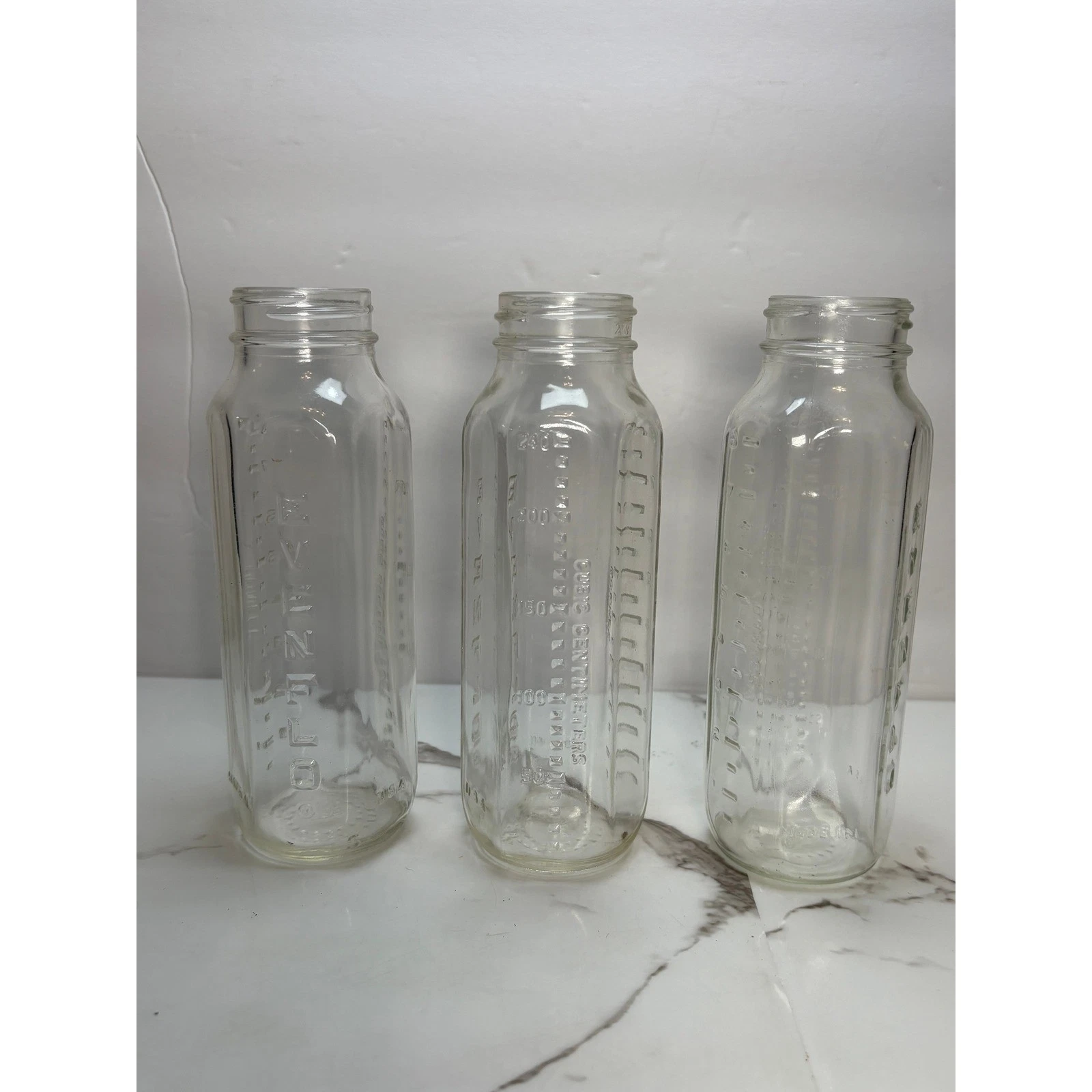 Lot of 3 Vintage Evenflo Glass Baby Bottles 8oz Hexagonal Clear Made in USA