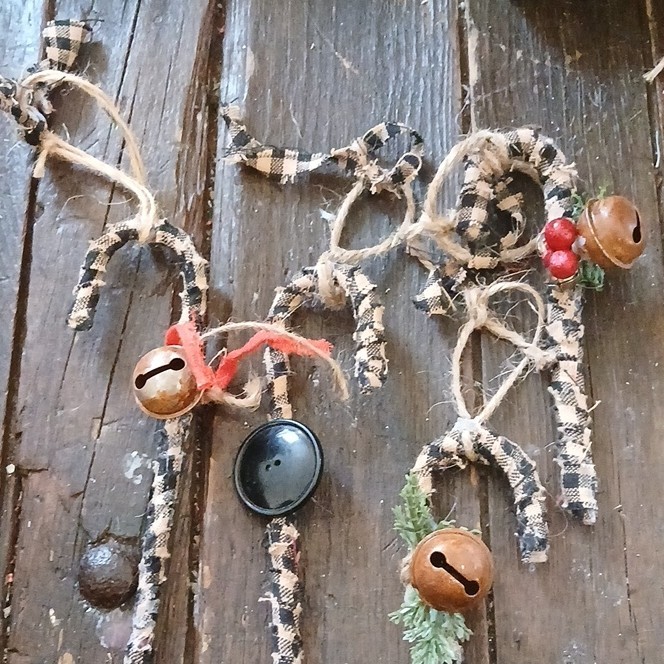 Handmade Rustic Candy Cane Christmas Ornaments Plaid, Bells, Buttons Set of 4