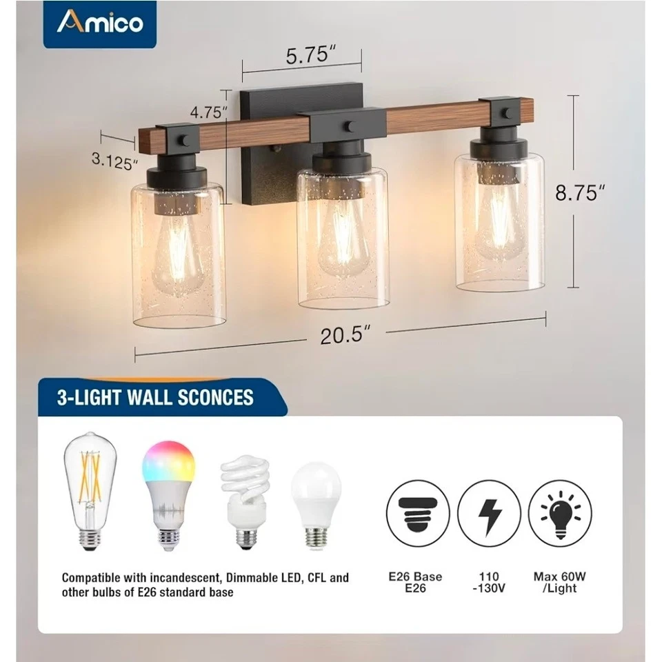 AMICO 3 Light Farmhouse Vanity Light Fixture Rustic Wood Industrial Wall Sconces - Image 4 of 4