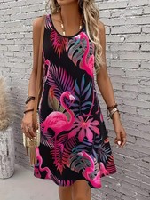 Women's Tropical Flamingo  Palm Leaf Sleeveless Knee-Length Dress - Pink Green