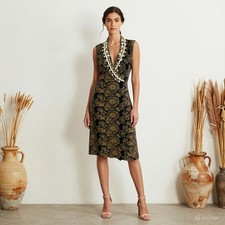 Evening Glam Midi Dress Multi Floral Viscose Kaftan V-Neck Sleeveless M