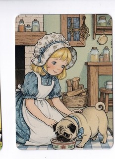 PLAYING SWAP CARD GIRL WITH HER PUG DOG Pugs Dinner Time
