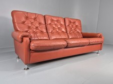 Vintage 3 seat Settee 1970s Retro Danish Red Tan Leather Buttoned EB10555 M3SS