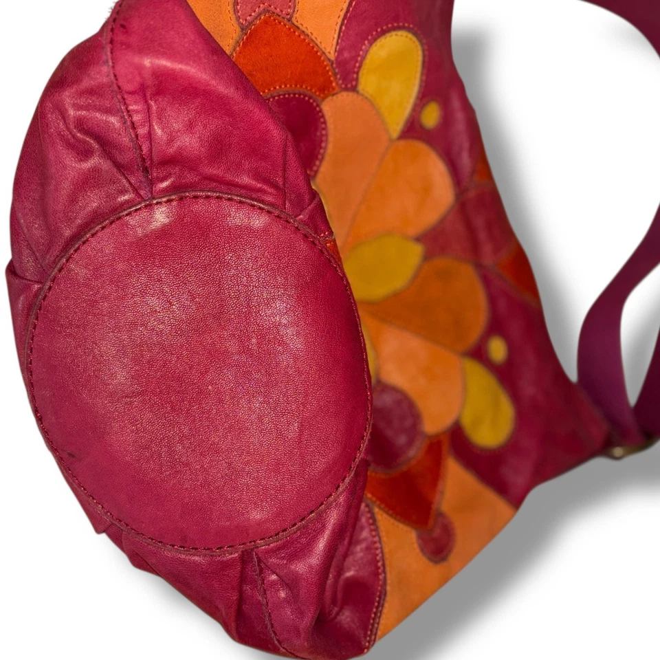 Lucky Brand Leather Patchwork Boho Shoulder Bag Pink Orange Floral Lambskin - Image 2 of 4