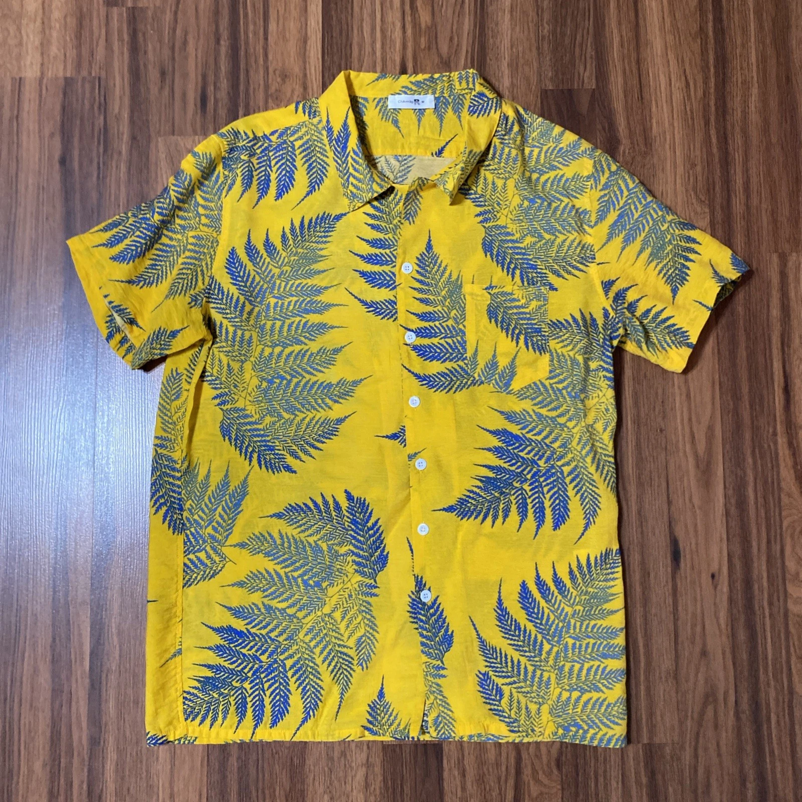 ChArmkpR Hawaiian Shirt Mens Med Yellow Floral Short Sleeve Button Down Casual