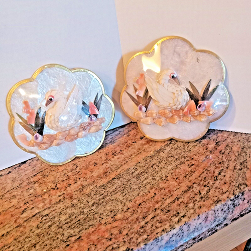 Vintage Capiz Shell Scalloped Seashell Wall Art Birds & Flowers Set of 2