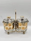 Vtg Jeanette MCM Condiment Glass Jars Spoons Turquoise Gilt Atomic Caddy Lids