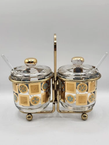 Vtg Jeanette MCM Condiment Glass Jars Spoons Turquoise Gilt Atomic Caddy Lids