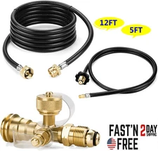 Propane Brass Tee 4-Port Adapter Kit with 5FT&12FT Hose for Motorhome or Camping