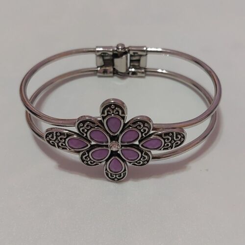 Paparazzi Go With The Florals Hinged Bangle Bracelet Purple Silver Tone - Afbeelding 1 van 6