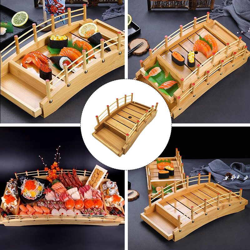 Bamboo Wood Cuisine Sushi Bridge Boats Japanese Sashimi Plate Tableware Decor