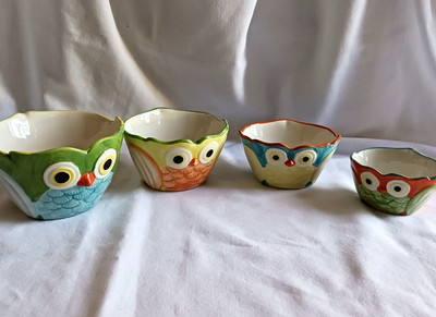 Pier One Imports Nesting Owls Measuring Cups Hand Painted Stacking Stoneware