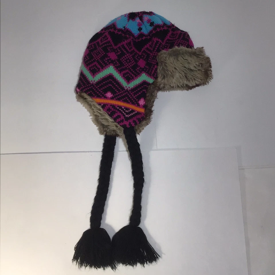 Billabong Women’s Y2K Winter Knitted Beanie Hat One Size Faux Fur Tie Straps - Image 2 of 4