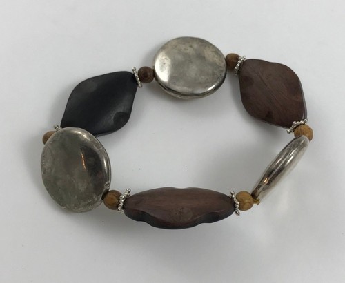 Wooden and Silver Tone Bead , Chunky Metal Boho Stretch Bracelet - Picture 5 of 7