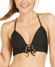 Hula Honey Juniors Size XS Rhythm Ribbed Lace Up Push-Up Bikini Top Black 446