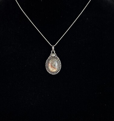 925 Sterling Silver Oval Jasper Earth Stone Pendant 10.8 Grams 14.5''