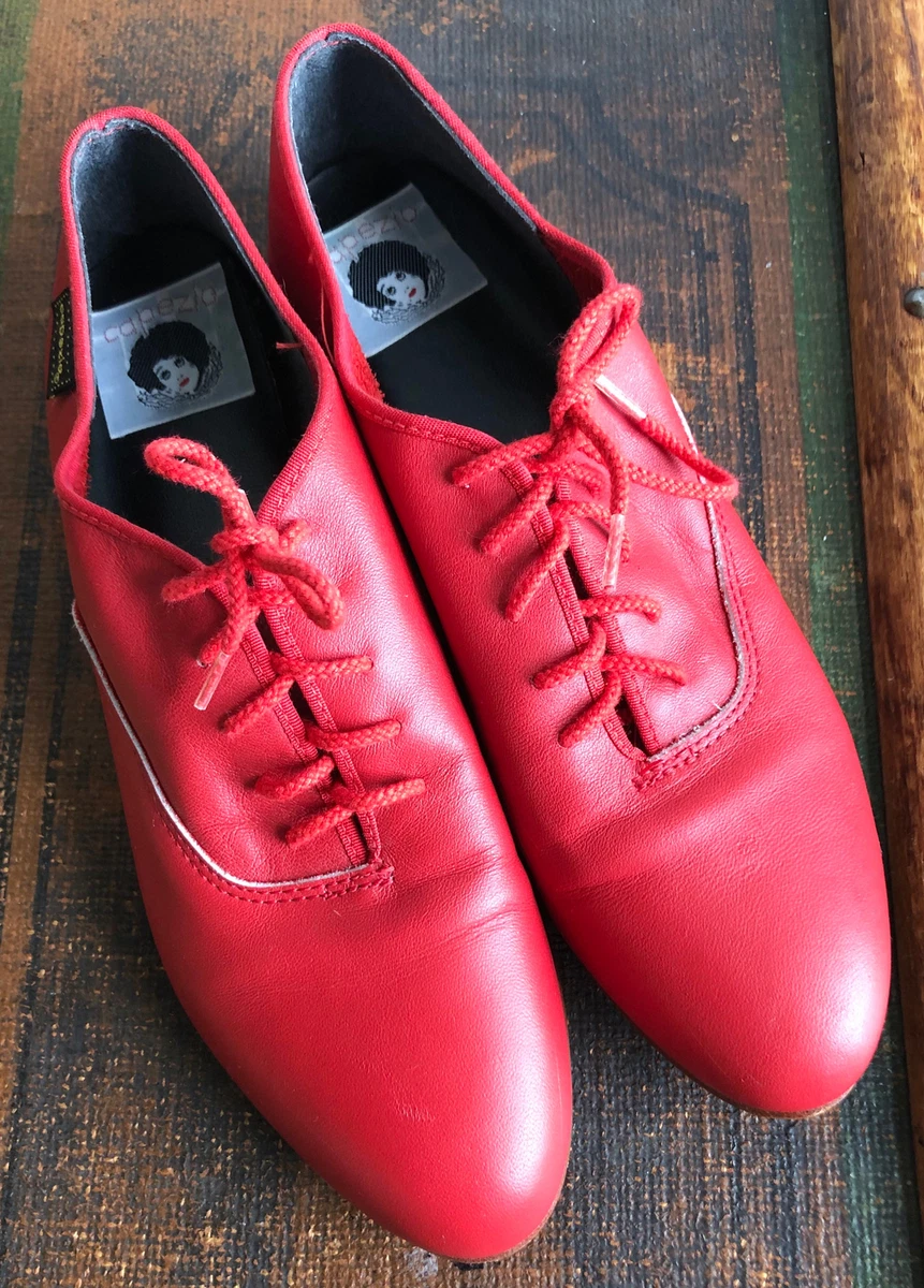VTG 80s RARE RED CAPEZIO LEATHER USA DANCE TAP SHOES LACE UP FLATS WOMENS 7 M