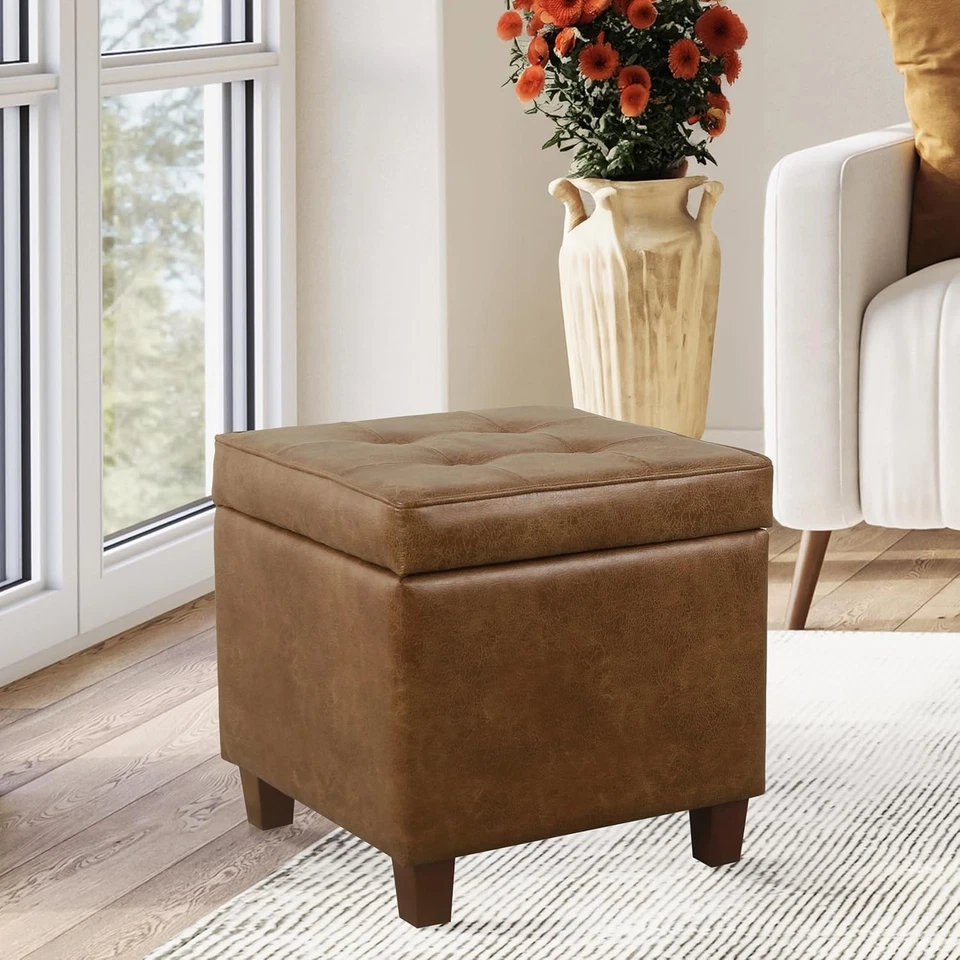 Square Tufted Storage Ottoman - Distressed Brown Faux Leather Small - Image 2 of 4