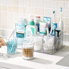 5 PCS Bathroom Countertop Organizer, 1 Divided Tray with 4 Qtip Holder Jars, Res
