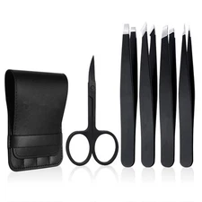 Tweezers Set 5-Piece - Professional Stainless Steel with Black 