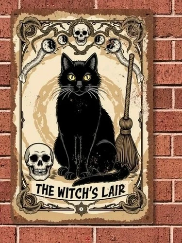 The Witch's Lair Black Cat Skull Metal Tin Sign Vintage Halloween Decor 8x12"