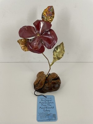 copper Metal Waterfall Gallery Sculpture Flower & Leaves on Wood Base