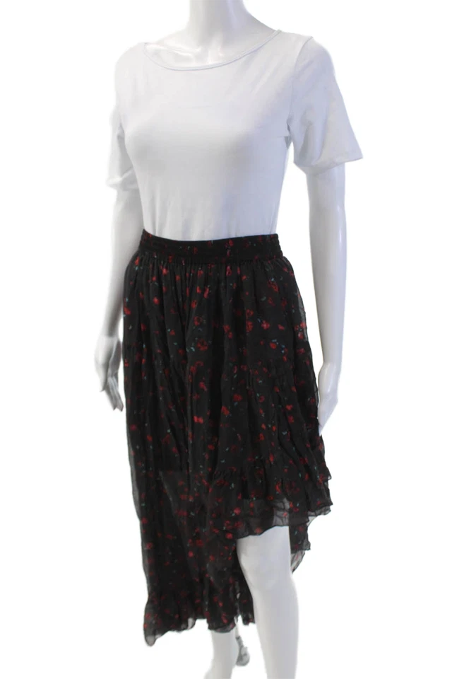 IRO Women's Elasttic Waist Tiered Hi-Lo Hem Maxi Skirt Black Floral Size 38 - Image 2 of 4