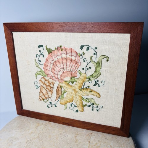 Vintage Beach Sea Shells Cross Stitch Wood Frame Art Embroidery Cottage Decor - Picture 3 of 10