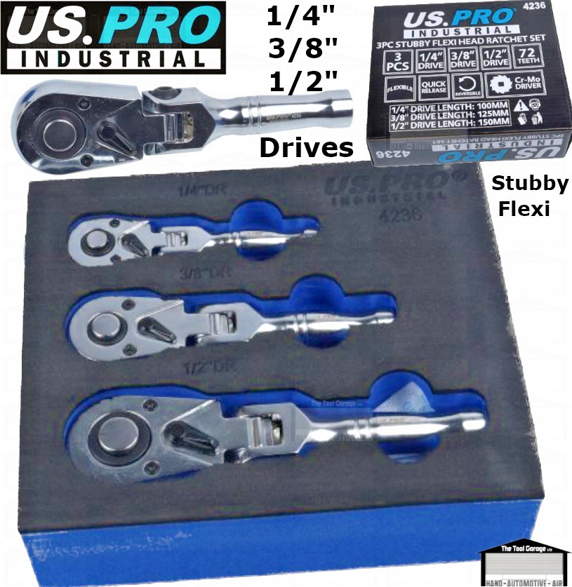 Us Pro Industrial 3Pc Stubby Flexi Head Ratchet Set 1/4" 3/8" 1/2" Drive 4236 - Image 3