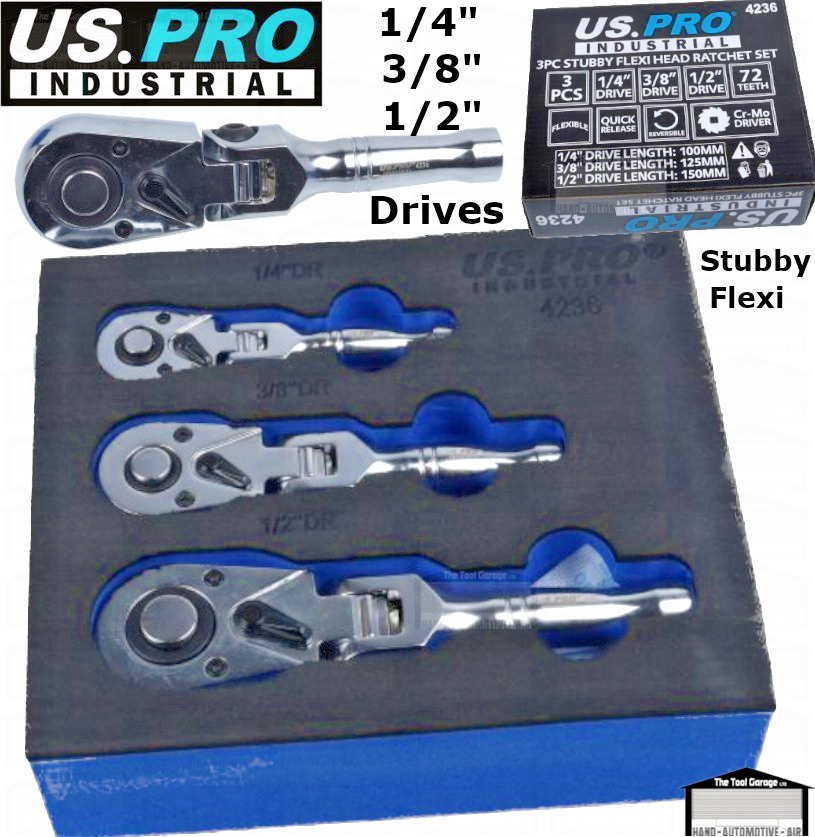 US PRO Industrial Flexi Stubby Ratchet Set 1/4"" 3/8"" 1/2"" Drives Foam Tray 4236