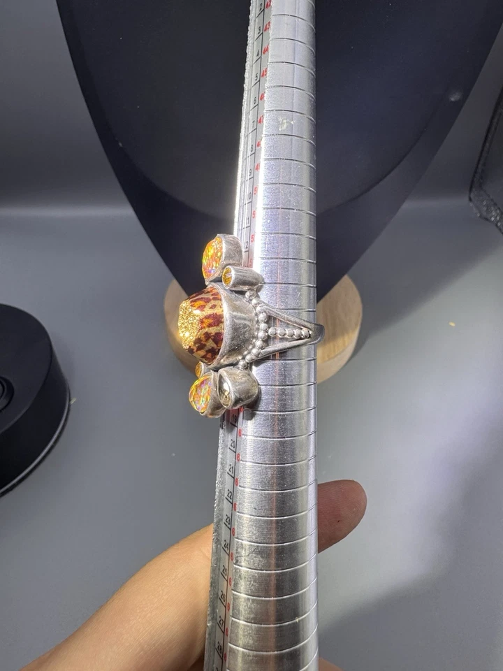 Anillo Sajen Plata Astral Leopardo Ópalo de Fuego Drusy Cuarzo Multi Piedras Preciosas Talla 7.75 B Foto 4 de 4