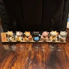Showa Maneki Neko Set of 8 Ceramic & Wooden Base Multicolor Lucky Cats