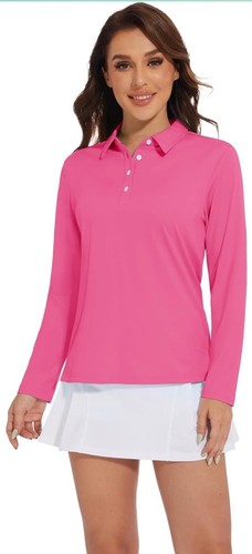Damen Golf Poloshirts UPF 50+ Sonnenschutz Langarm schnelltrocknend Large pink - Bild 2 von 5