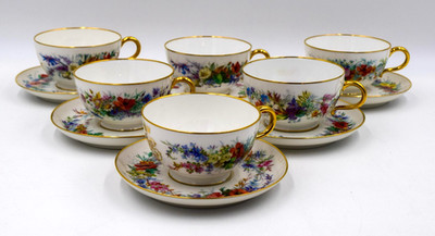 6 Hand Painted Paris ''Jacquel'' Cups & Saucers - Mono w/Crown, Circa 1880