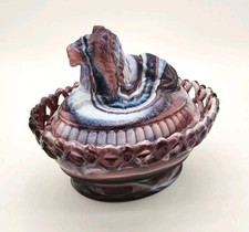 Imperial Glass Purple White Slag Glass Lion On Nest Open Lace Basket Lidded Dish