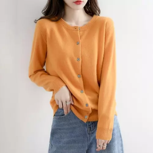 Cárdigan suéter simple de mezcla de cachemir para mujer color liso cuello redondo chaqueta abrigo - Imagen 34 de 37