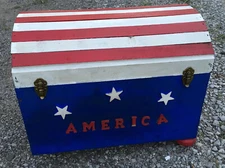 America Red White Blue Flag Wood Trunk wooden vintage chest box storage